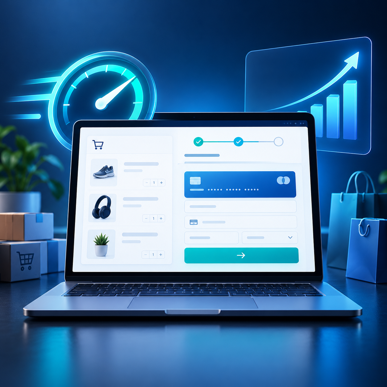 WooCommerce checkout optimization on a modern ecommerce laptop interface